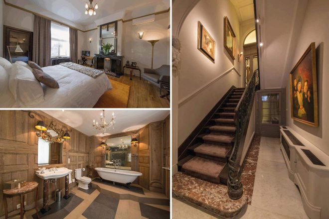 A collage of three photos of hotels to stay in Brussels: a bedroom with a white comforter and antique fireplace, a luxurious wood-paneled bathroom with a freestanding bathtub, and an ornate staircase adorned with classic paintings and a wrought iron banister
